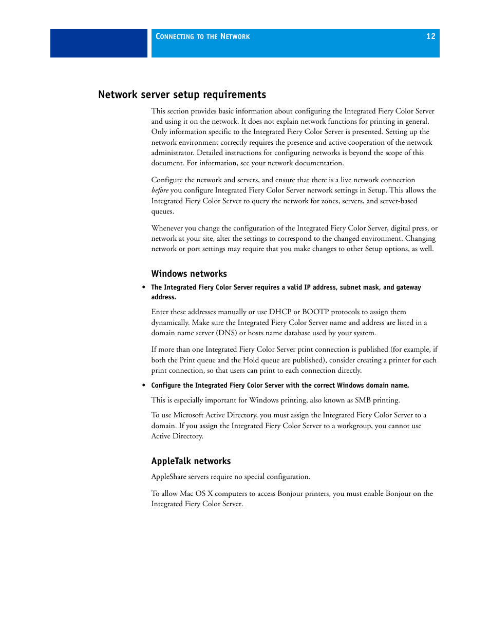 Network server setup requirements, Windows networks, Appletalk networks | Xerox 700 User Manual | Page 12 / 80