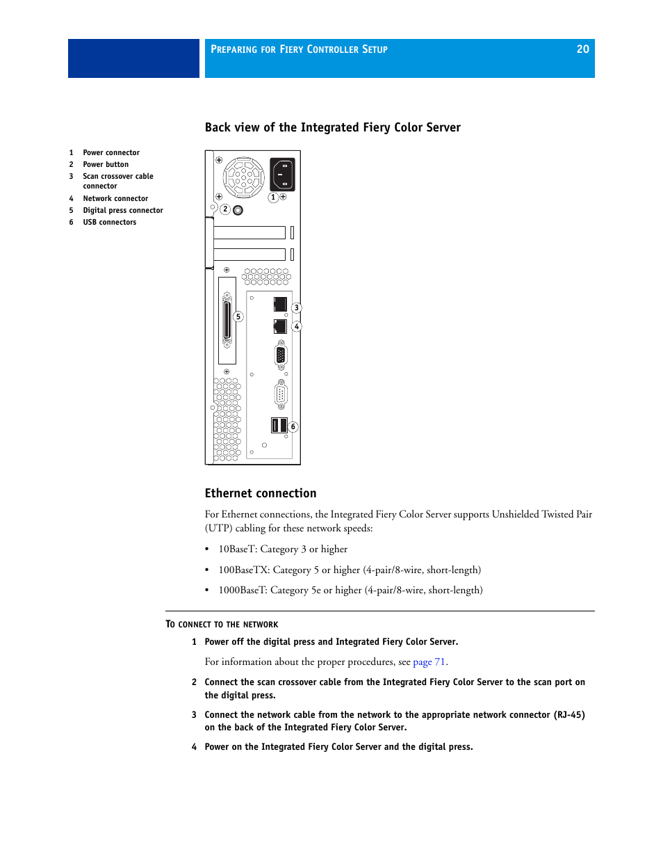 Back view of the integrated fiery color server, Ethernet connection | Xerox 700 User Manual | Page 20 / 80
