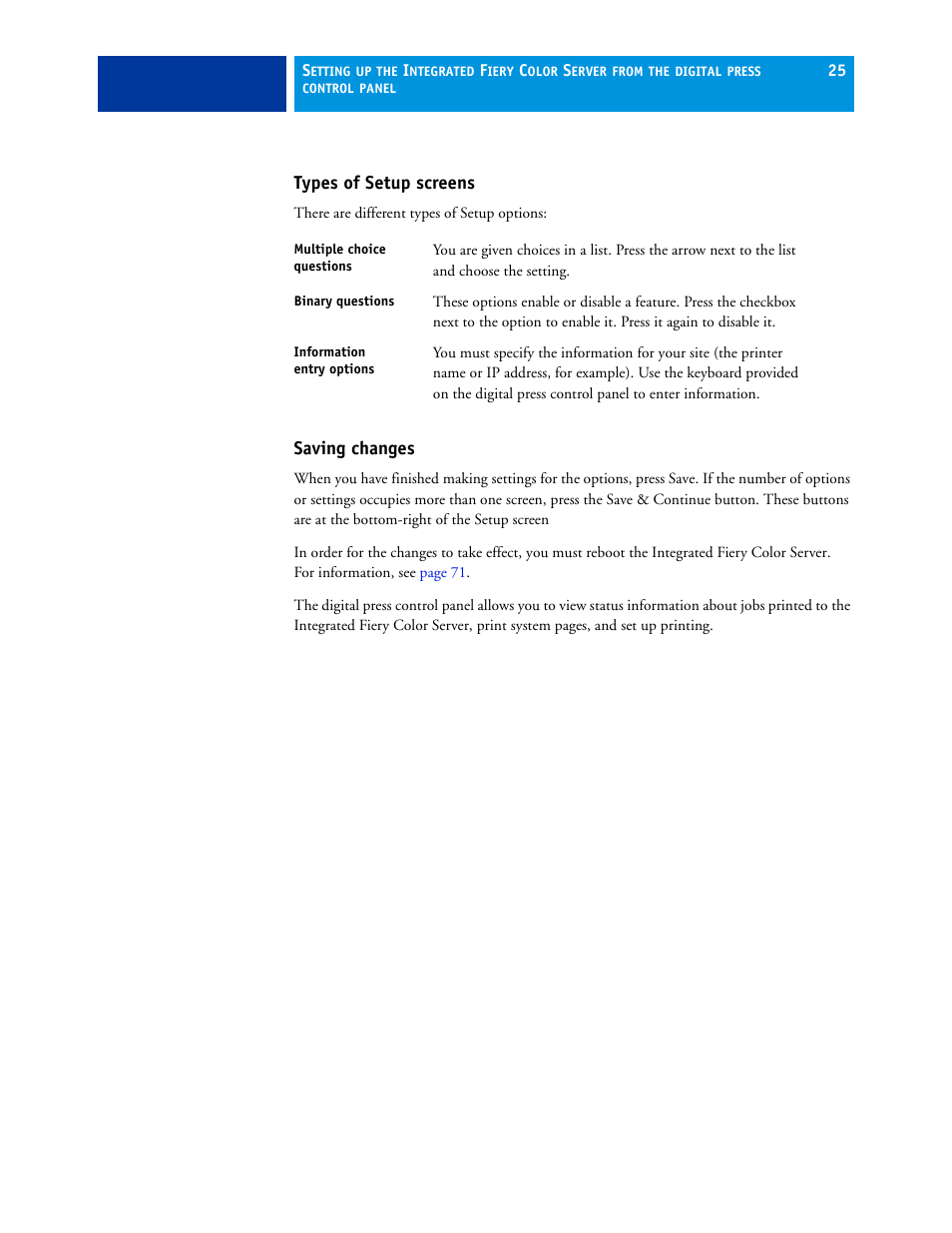 Types of setup screens, Saving changes | Xerox 700 User Manual | Page 25 / 80