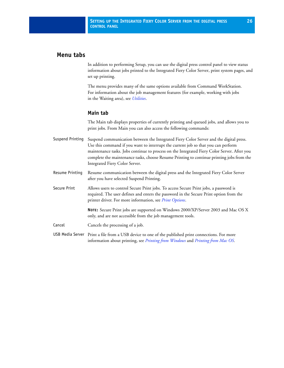 Menu tabs, Main tab | Xerox 700 User Manual | Page 26 / 80