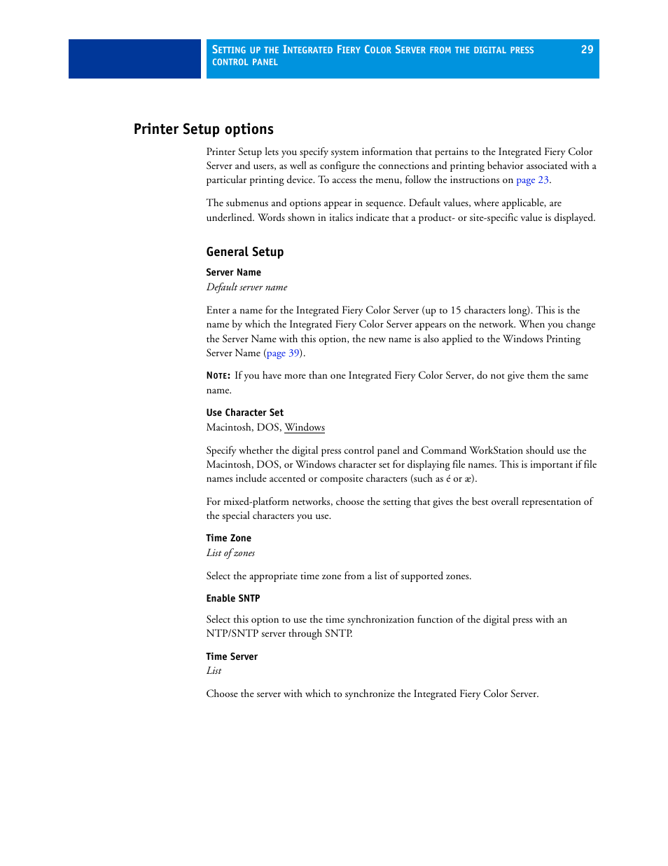 Printer setup options, General setup | Xerox 700 User Manual | Page 29 / 80