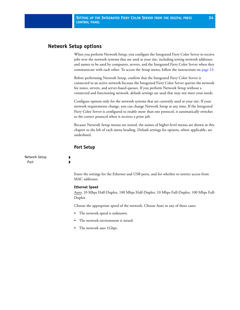 Network setup options, Port setup | Xerox 700 User Manual | Page 34 / 80