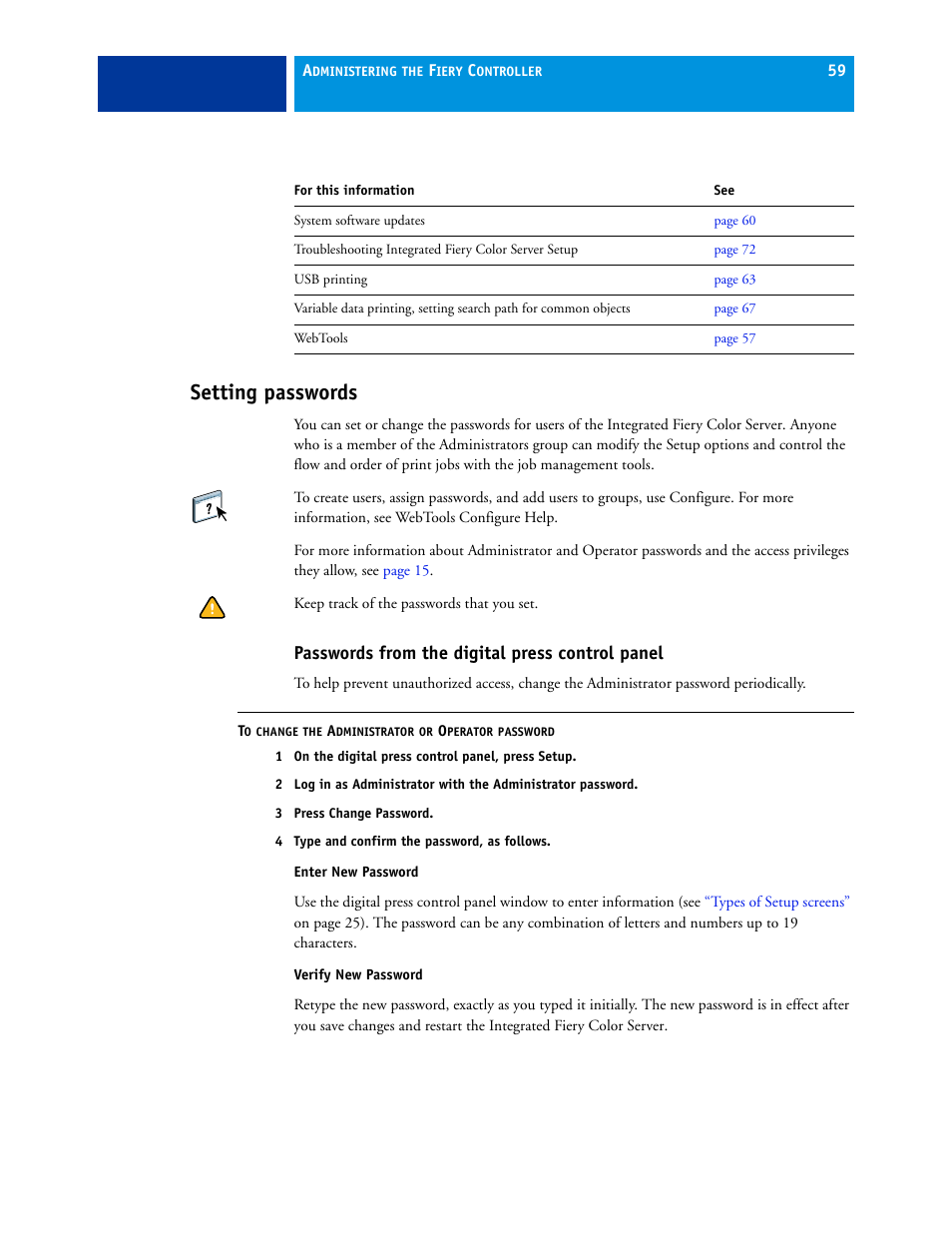 Setting passwords, Passwords from the digital press control panel | Xerox 700 User Manual | Page 59 / 80