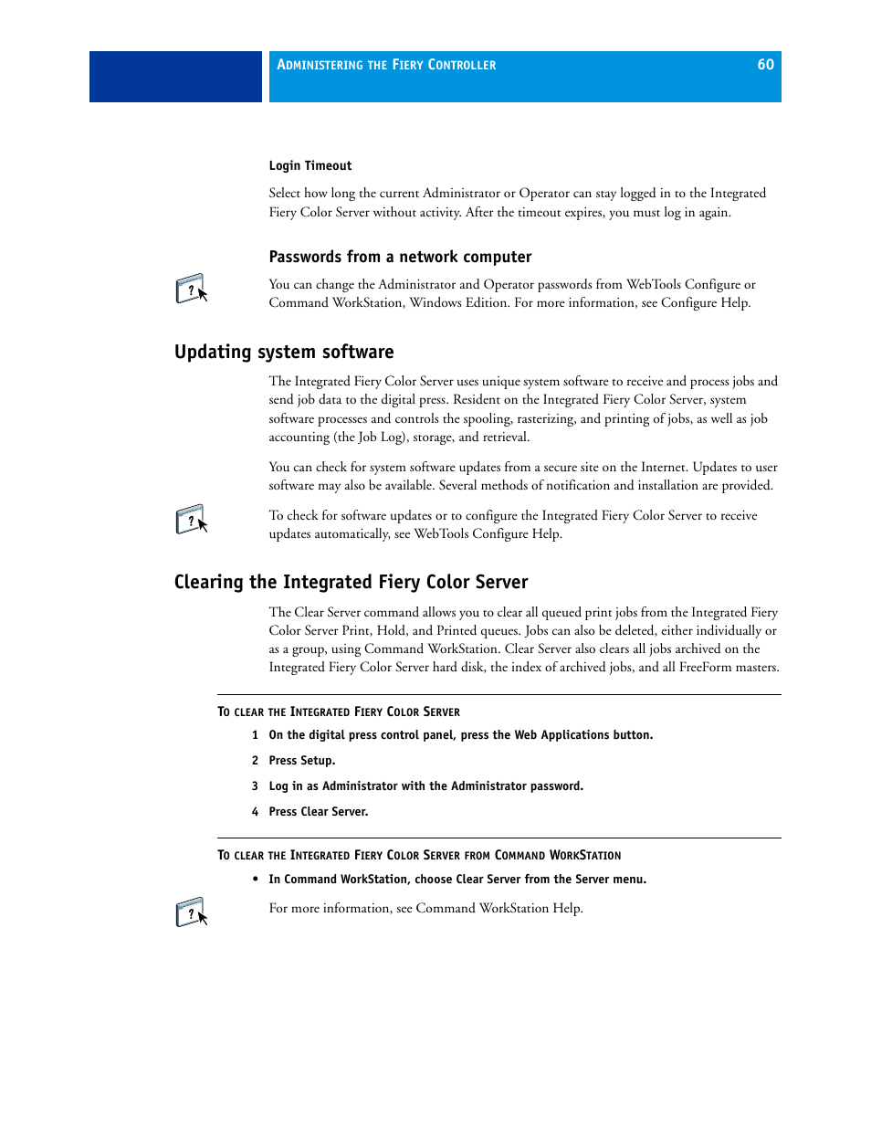Passwords from a network computer, Updating system software, Clearing the integrated fiery color server | Xerox 700 User Manual | Page 60 / 80