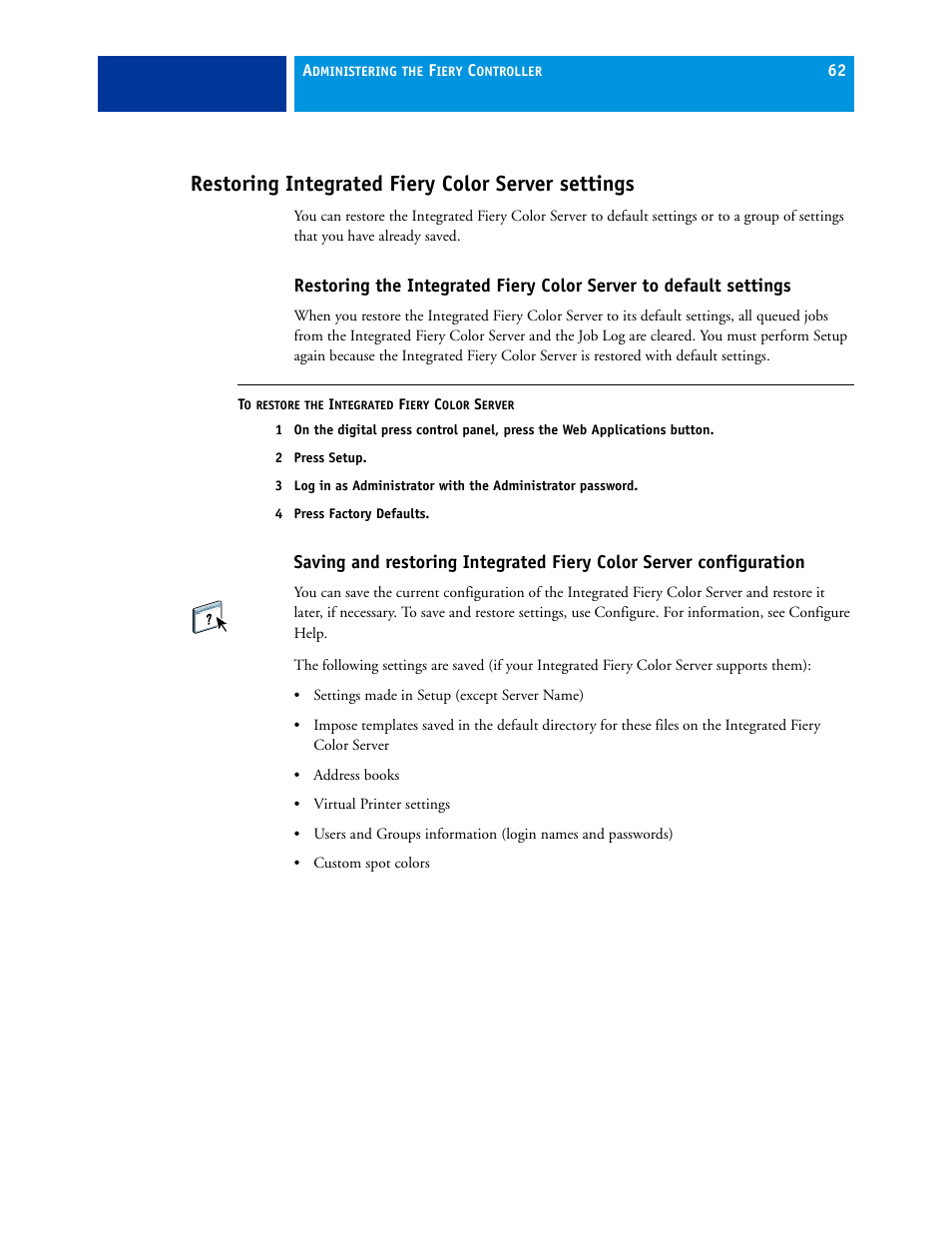 Restoring integrated fiery color server settings | Xerox 700 User Manual | Page 62 / 80