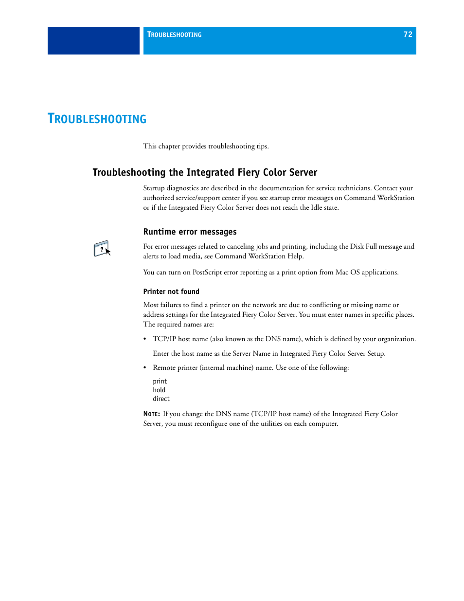 Troubleshooting, Troubleshooting the integrated fiery color server, Runtime error messages | Roubleshooting | Xerox 700 User Manual | Page 72 / 80