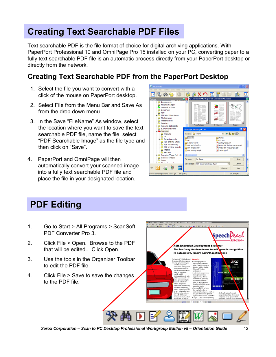 Creating text searchable pdf files, Pdf editing | Xerox G8144Z User Manual | Page 12 / 23