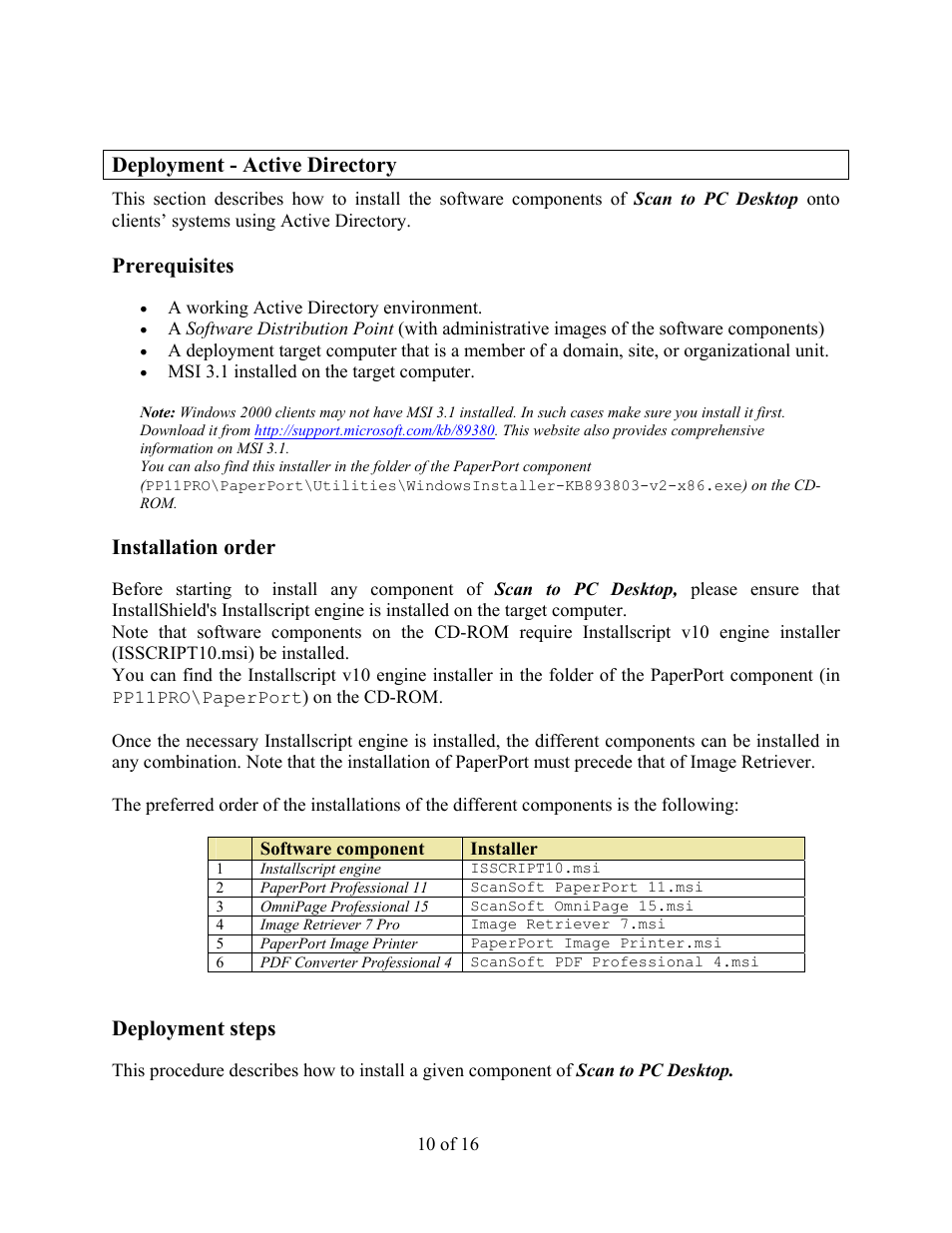 Deployment - active directory, Prerequisites, Installation order | Deployment steps | Xerox V9.0 User Manual | Page 10 / 16