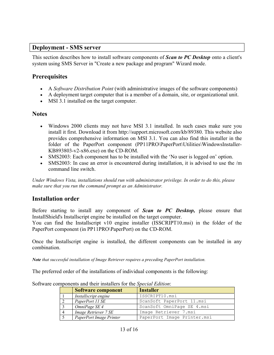 Deployment - sms server, Prerequisites, Installation order | Xerox V9.0 User Manual | Page 13 / 16