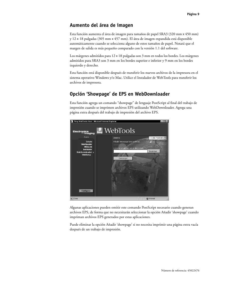 Aumento del área de imagen, Opción ‘showpage’ de eps en webdownloader | Xerox X12 User Manual | Page 55 / 70