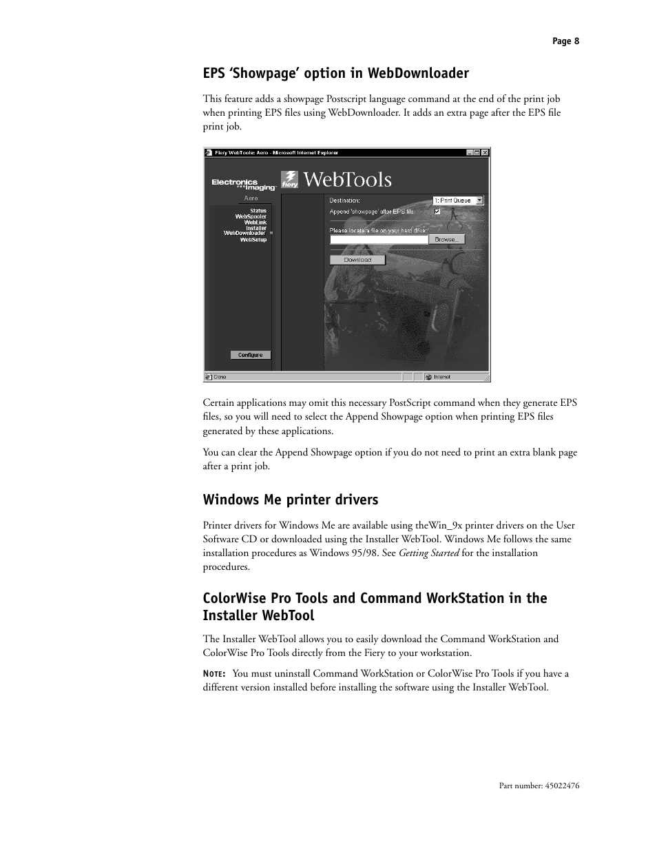 Windowsme printer drivers, Eps ‘showpage’ option in webdownloader, Windows me printer drivers | Xerox X12 User Manual | Page 8 / 70