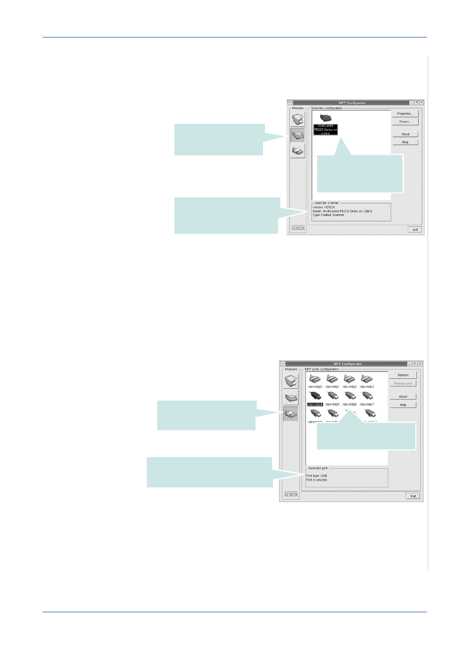 Scanners configuration, Mfp ports configuration | Xerox PE220 User Manual | Page 103 / 200