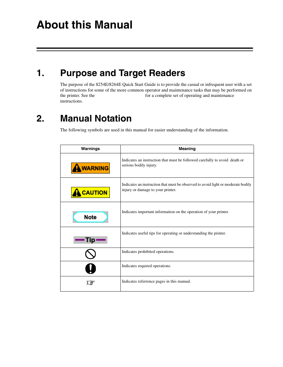 About this manual, Purpose and target readers, Manual notation | Xerox 8264E  EN User Manual | Page 3 / 50