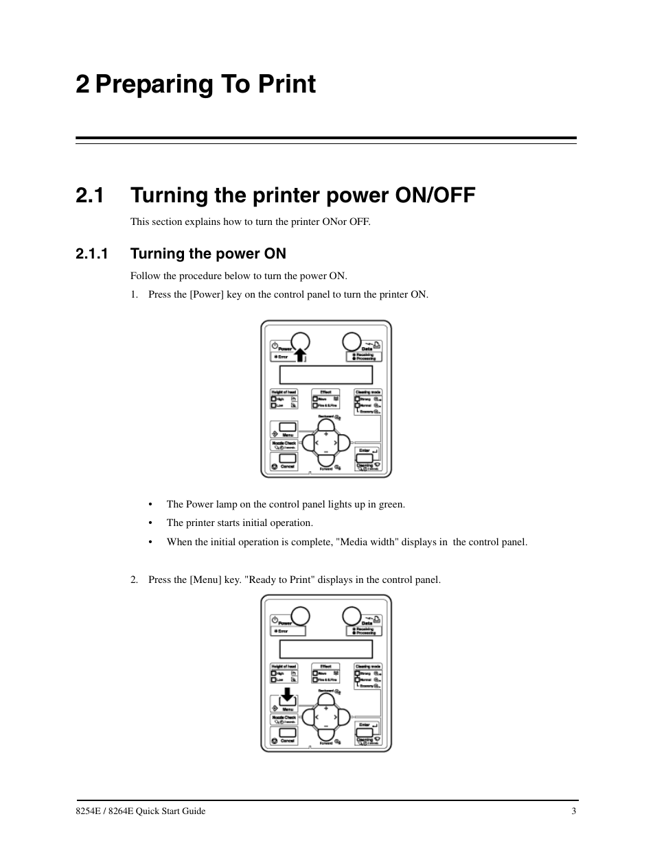 2 preparing to print, 1 turning the printer power on/off, 1 turning the power on | Turning the printer power on/off, Turning the power on, Preparing to print | Xerox 8264E  EN User Manual | Page 9 / 50