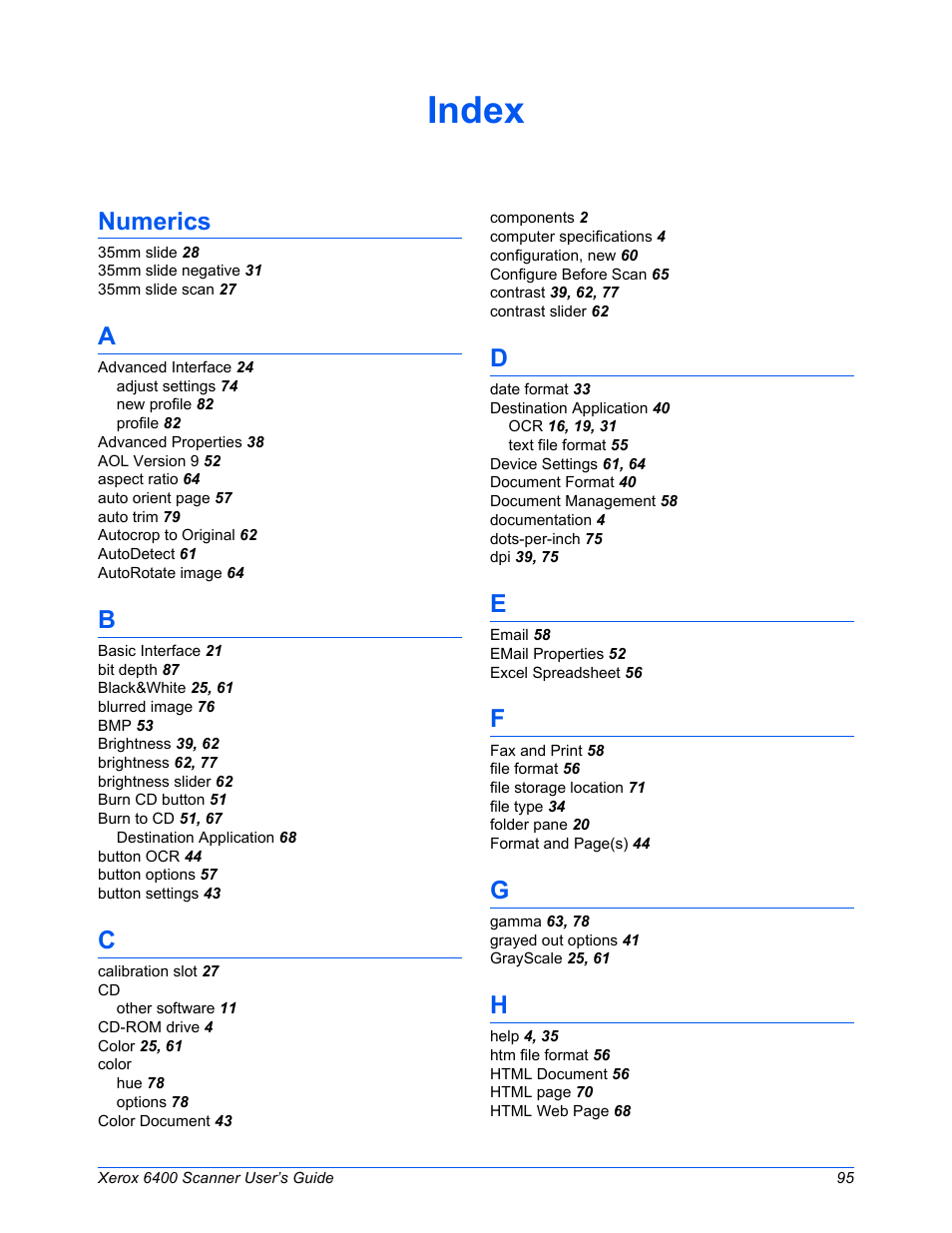 Index, Numerics | Xerox 6400 User Manual | Page 100 / 103