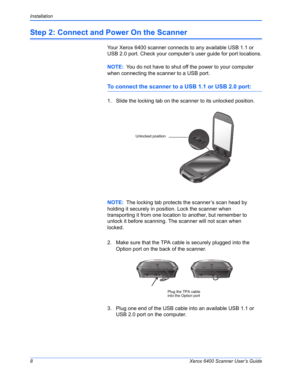 Step 2: connect and power on the scanner | Xerox 6400 User Manual | Page 13 / 103