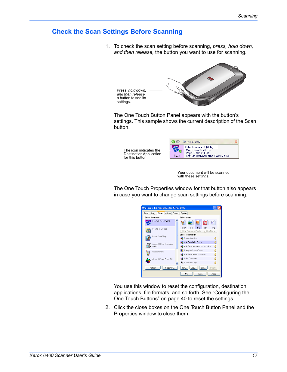 Check the scan settings before scanning | Xerox 6400 User Manual | Page 22 / 103