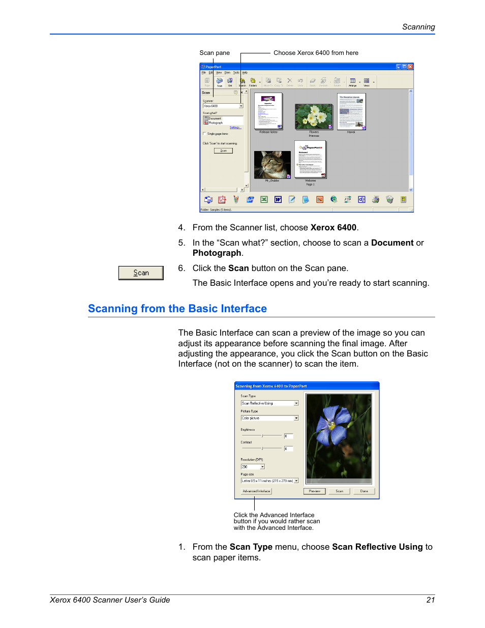 Scanning from the basic interface | Xerox 6400 User Manual | Page 26 / 103