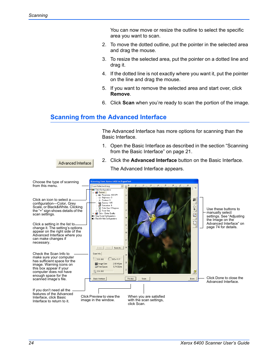 Scanning from the advanced interface | Xerox 6400 User Manual | Page 29 / 103