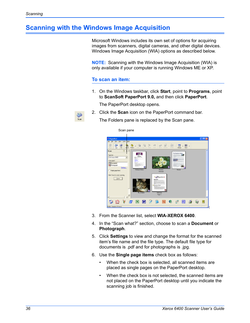 Scanning with the windows image acquisition | Xerox 6400 User Manual | Page 41 / 103