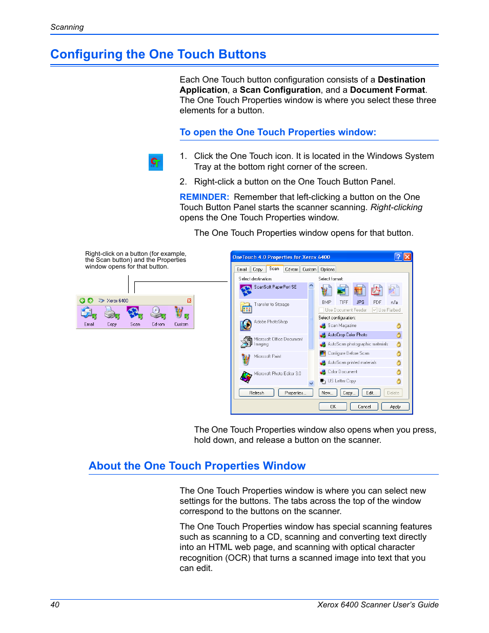 Configuring the one touch buttons, About the one touch properties window | Xerox 6400 User Manual | Page 45 / 103