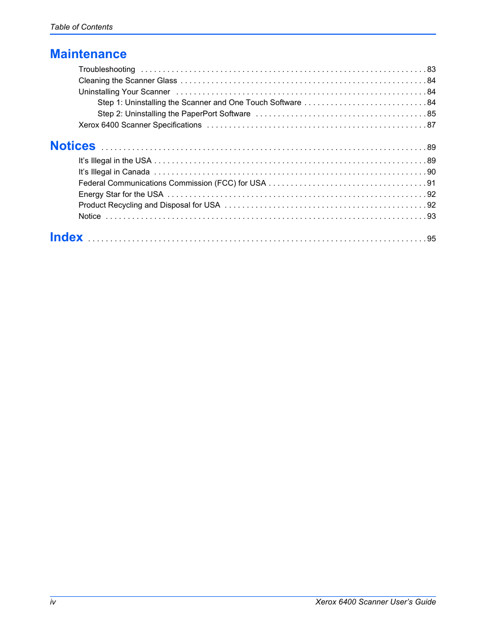 Maintenance, Notices, Index | Xerox 6400 User Manual | Page 5 / 103