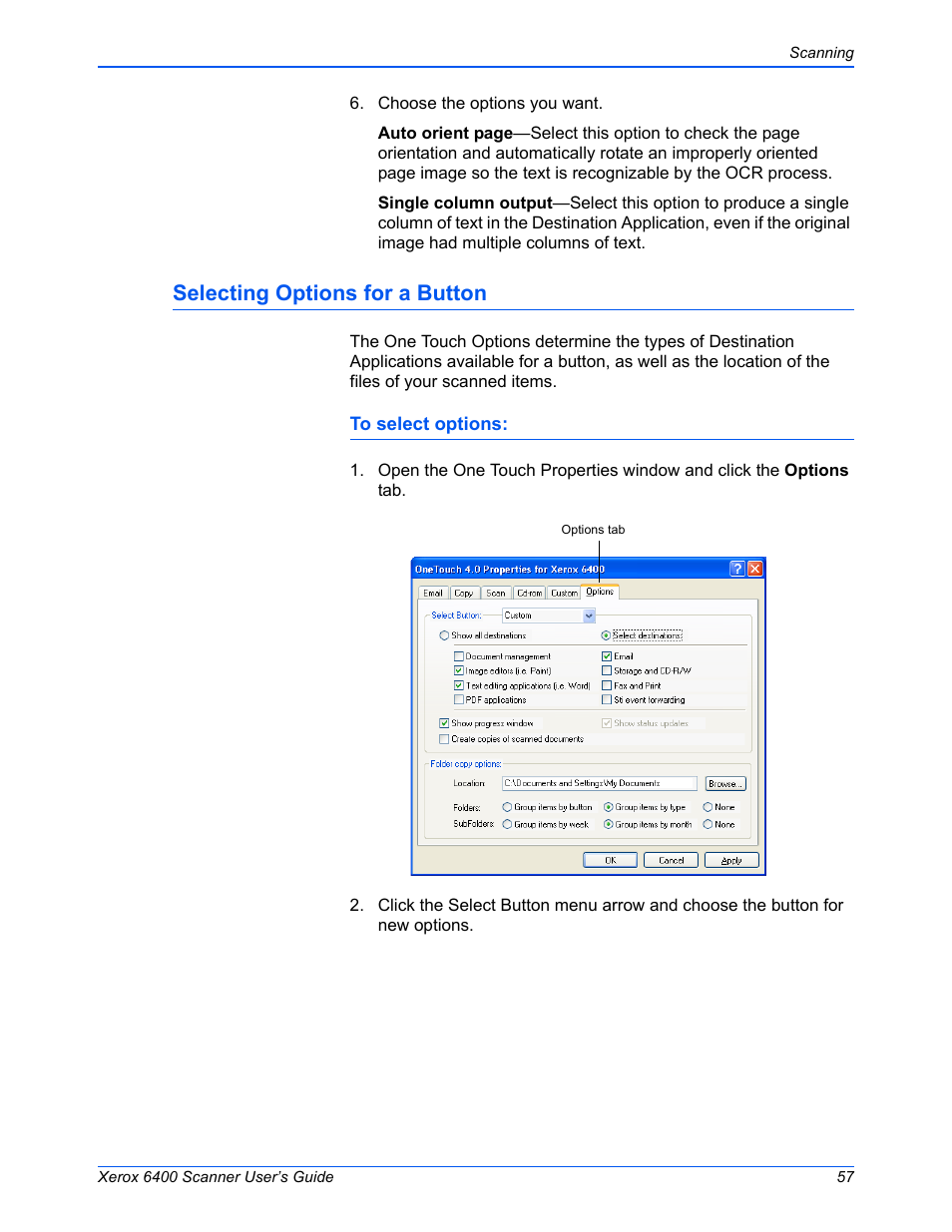 Selecting options for a button | Xerox 6400 User Manual | Page 62 / 103