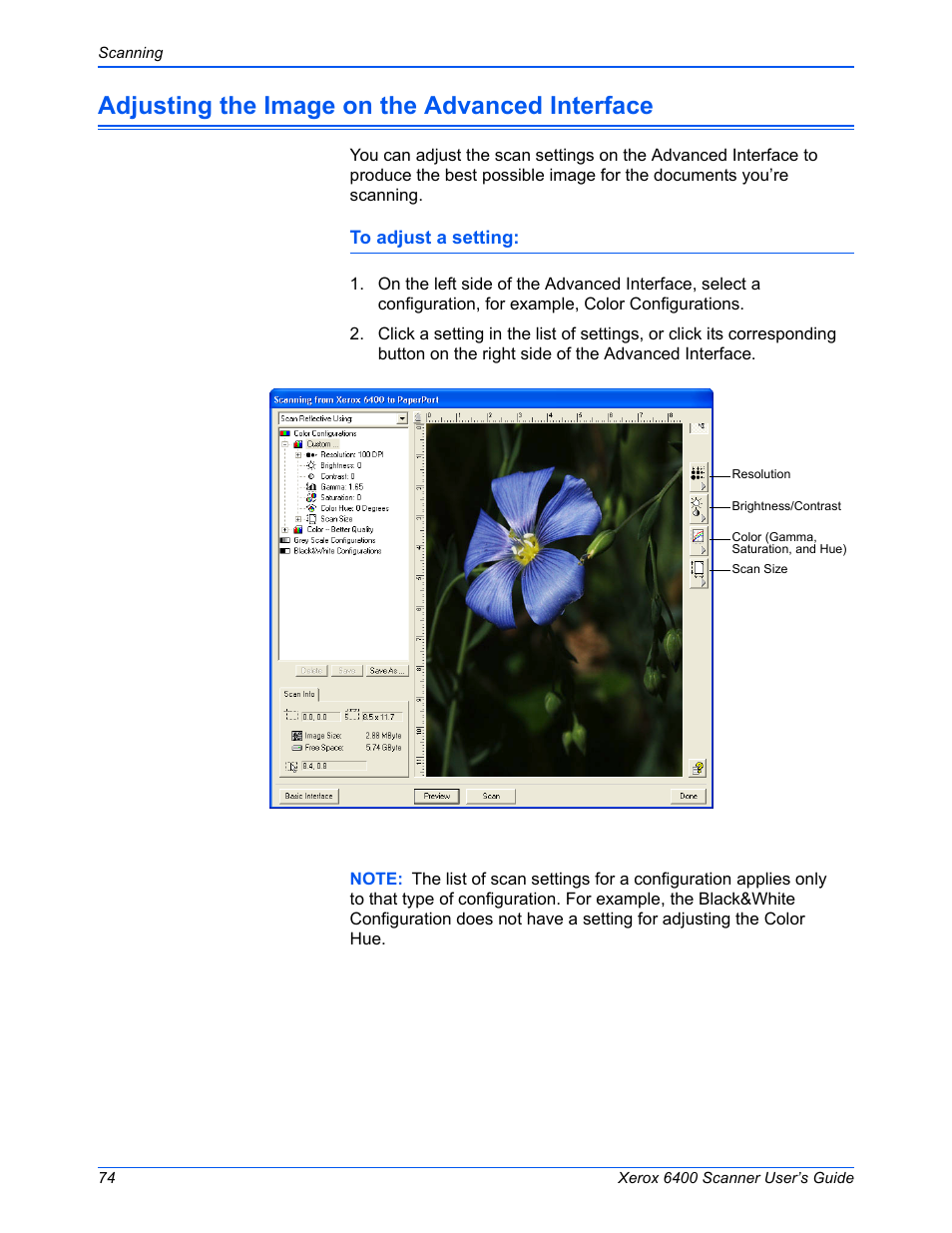 Adjusting the image on the advanced interface, Adjusting, The image on the | Advanced interface” on | Xerox 6400 User Manual | Page 79 / 103