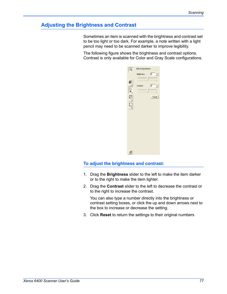 Adjusting the brightness and contrast | Xerox 6400 User Manual | Page 82 / 103