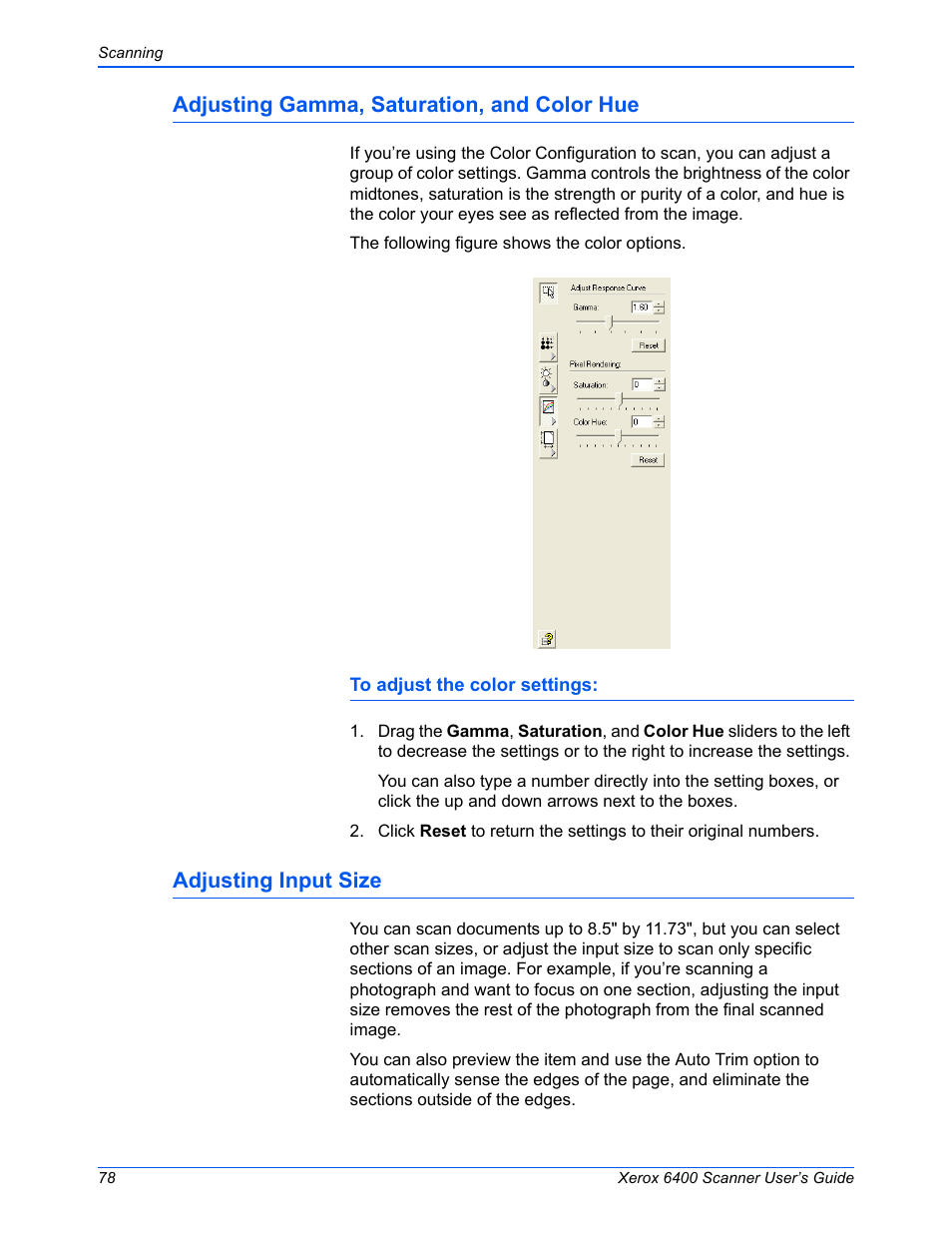 Adjusting gamma, saturation, and color hue, Adjusting input size | Xerox 6400 User Manual | Page 83 / 103