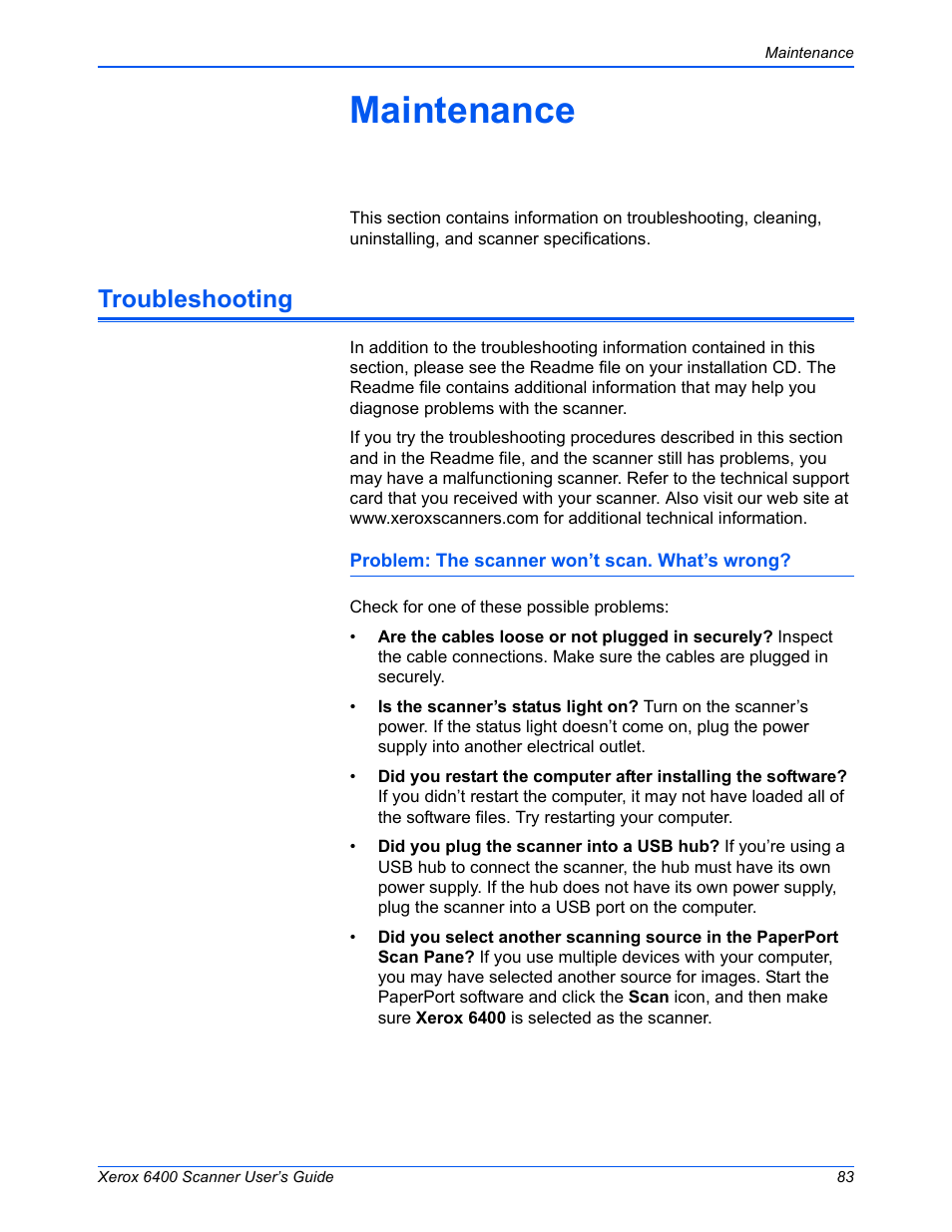Maintenance, Troubleshooting | Xerox 6400 User Manual | Page 88 / 103