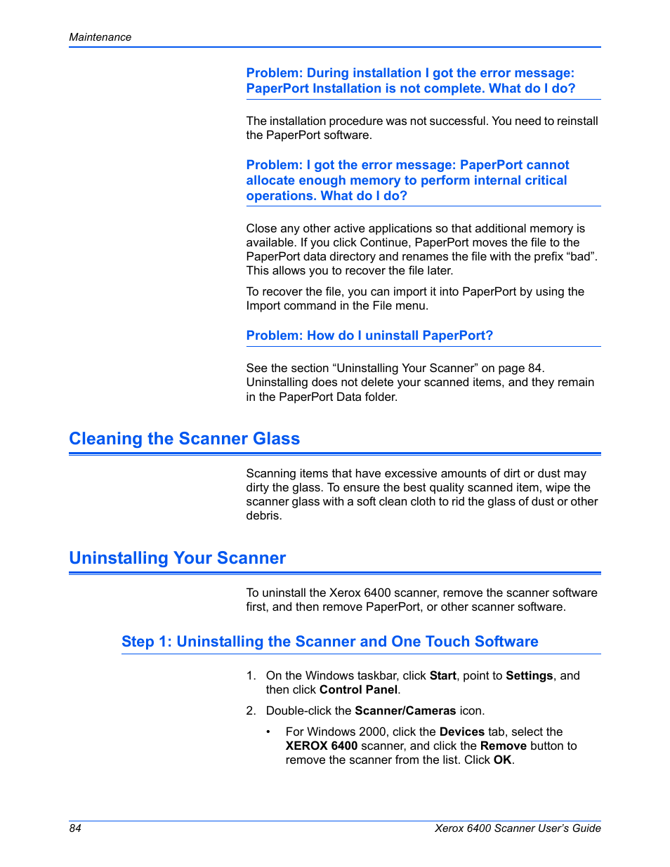 Cleaning the scanner glass, Uninstalling your scanner | Xerox 6400 User Manual | Page 89 / 103