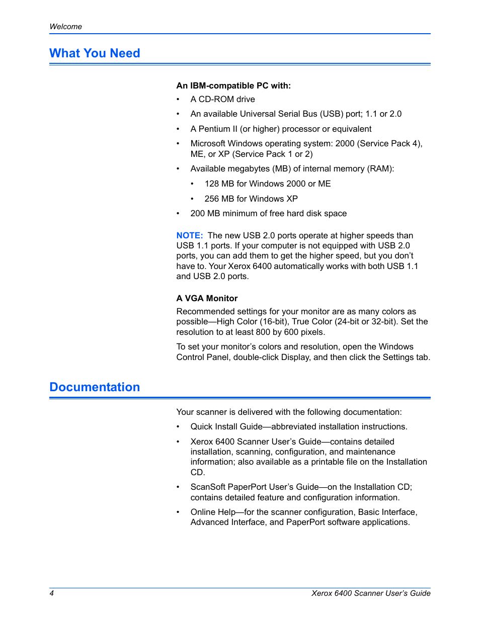 What you need, Documentation, What you need documentation | Xerox 6400 User Manual | Page 9 / 103