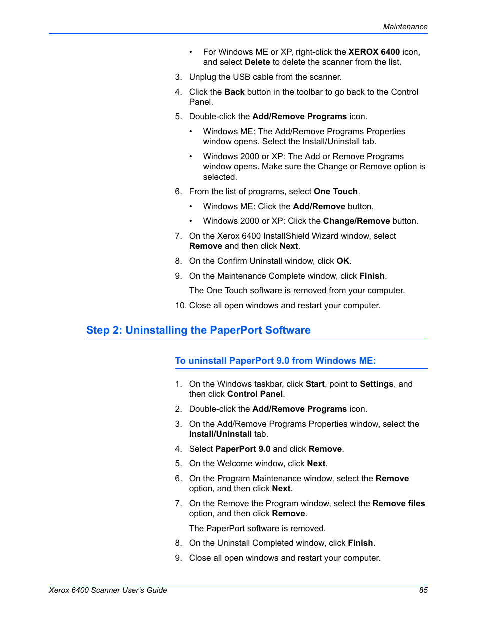 Step 2: uninstalling the paperport software | Xerox 6400 User Manual | Page 90 / 103