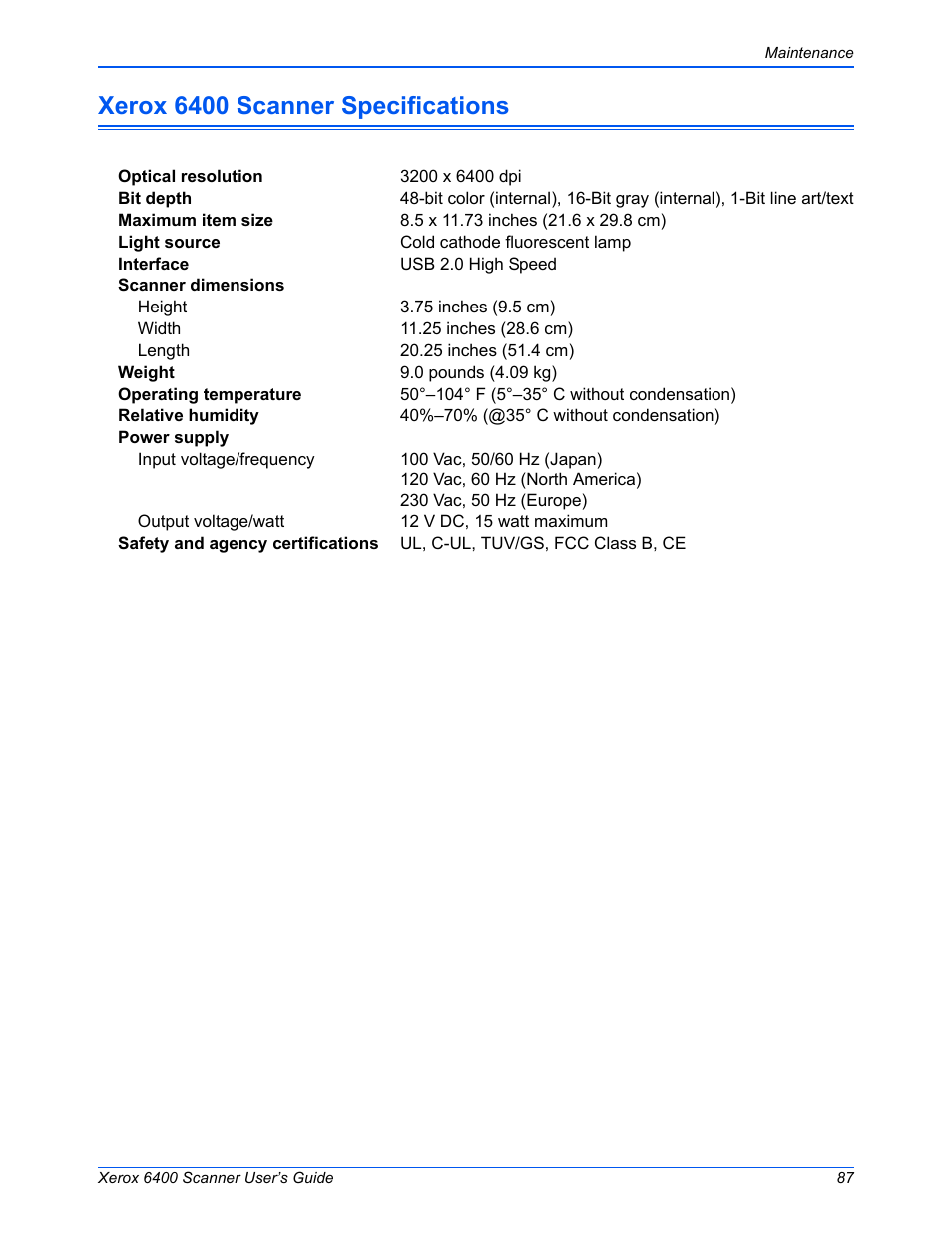 Xerox 6400 scanner specifications | Xerox 6400 User Manual | Page 92 / 103