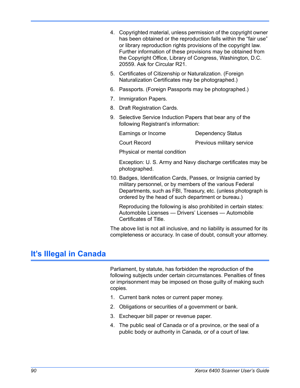 It’s illegal in canada | Xerox 6400 User Manual | Page 95 / 103
