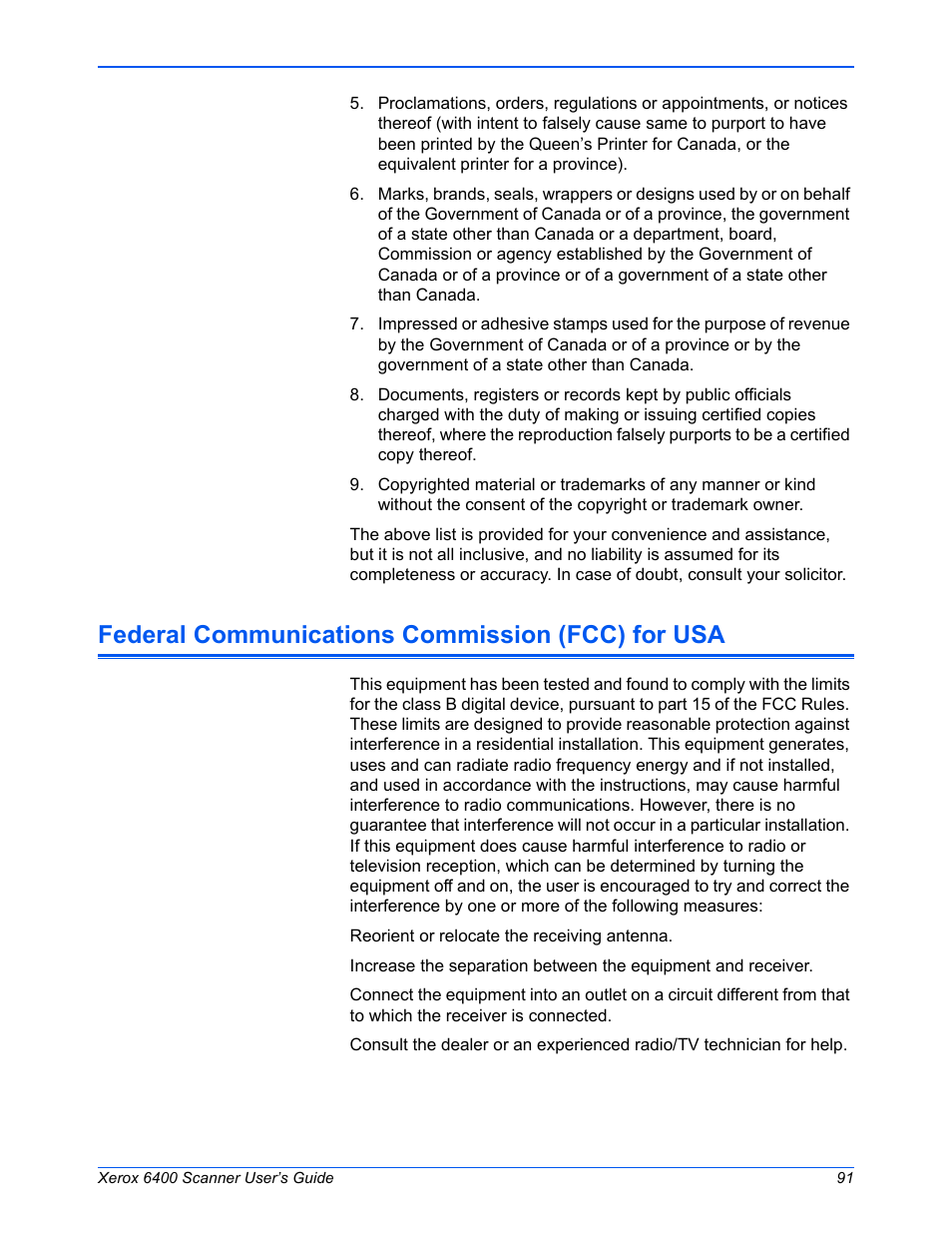 Federal communications commission (fcc) for usa | Xerox 6400 User Manual | Page 96 / 103