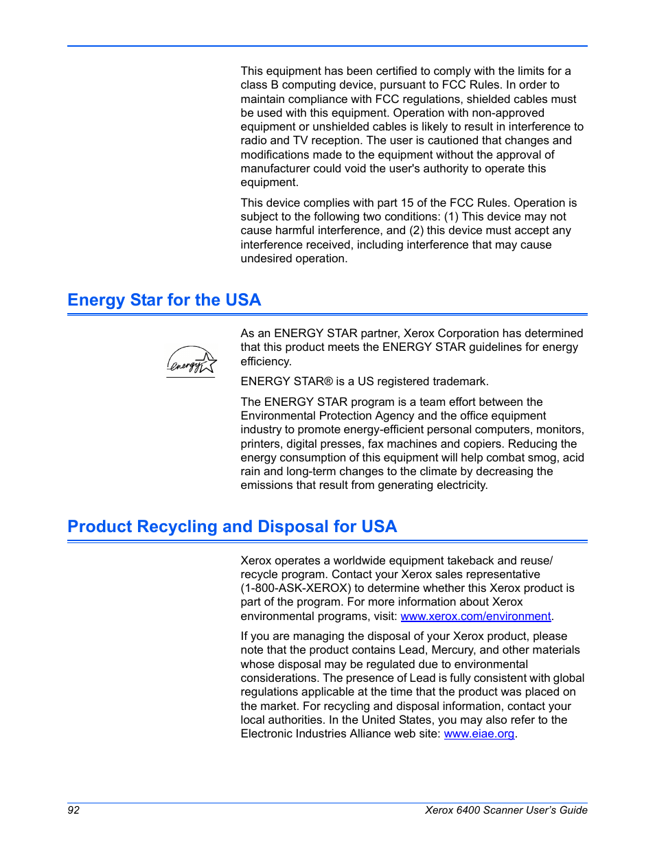 Energy star for the usa, Product recycling and disposal for usa | Xerox 6400 User Manual | Page 97 / 103