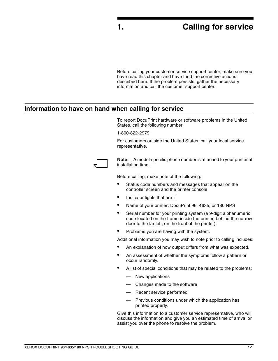 1calling for service | Xerox 180 NPS User Manual | Page 11 / 62