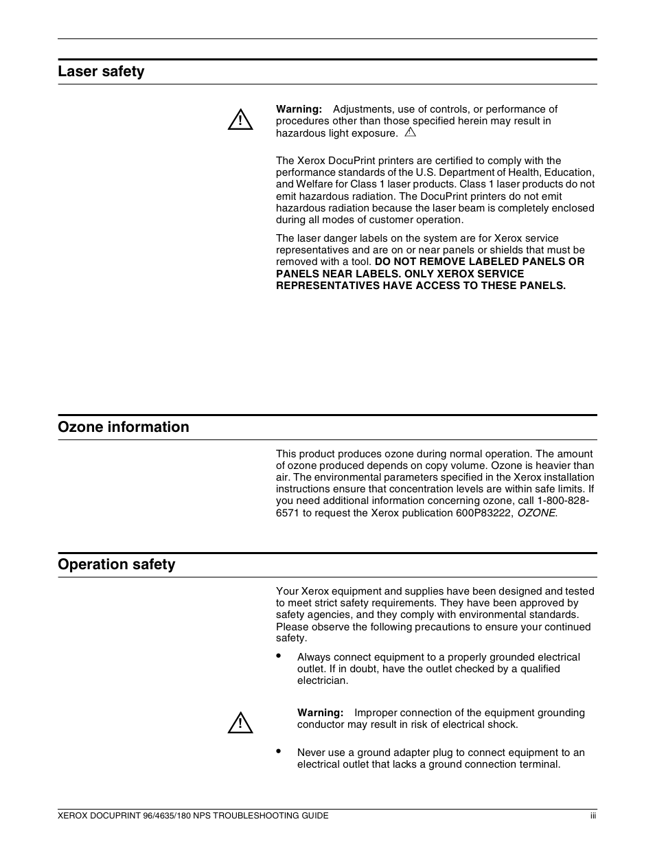 Laser safety, Ozone information, Operation safety | Xerox 180 NPS User Manual | Page 3 / 62