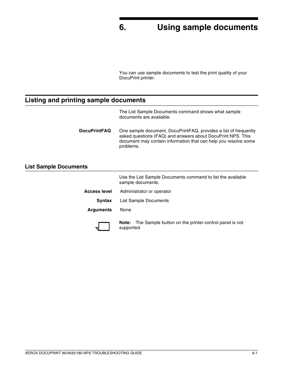 6using sample documents, Listing and printing sample documents | Xerox 180 NPS User Manual | Page 41 / 62
