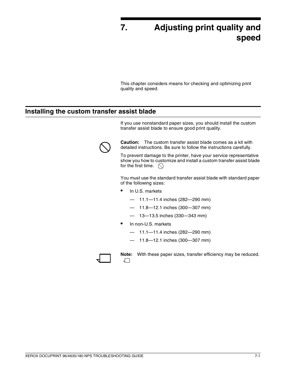 7adjusting print quality and speed, Installing the custom transfer assist blade | Xerox 180 NPS User Manual | Page 45 / 62