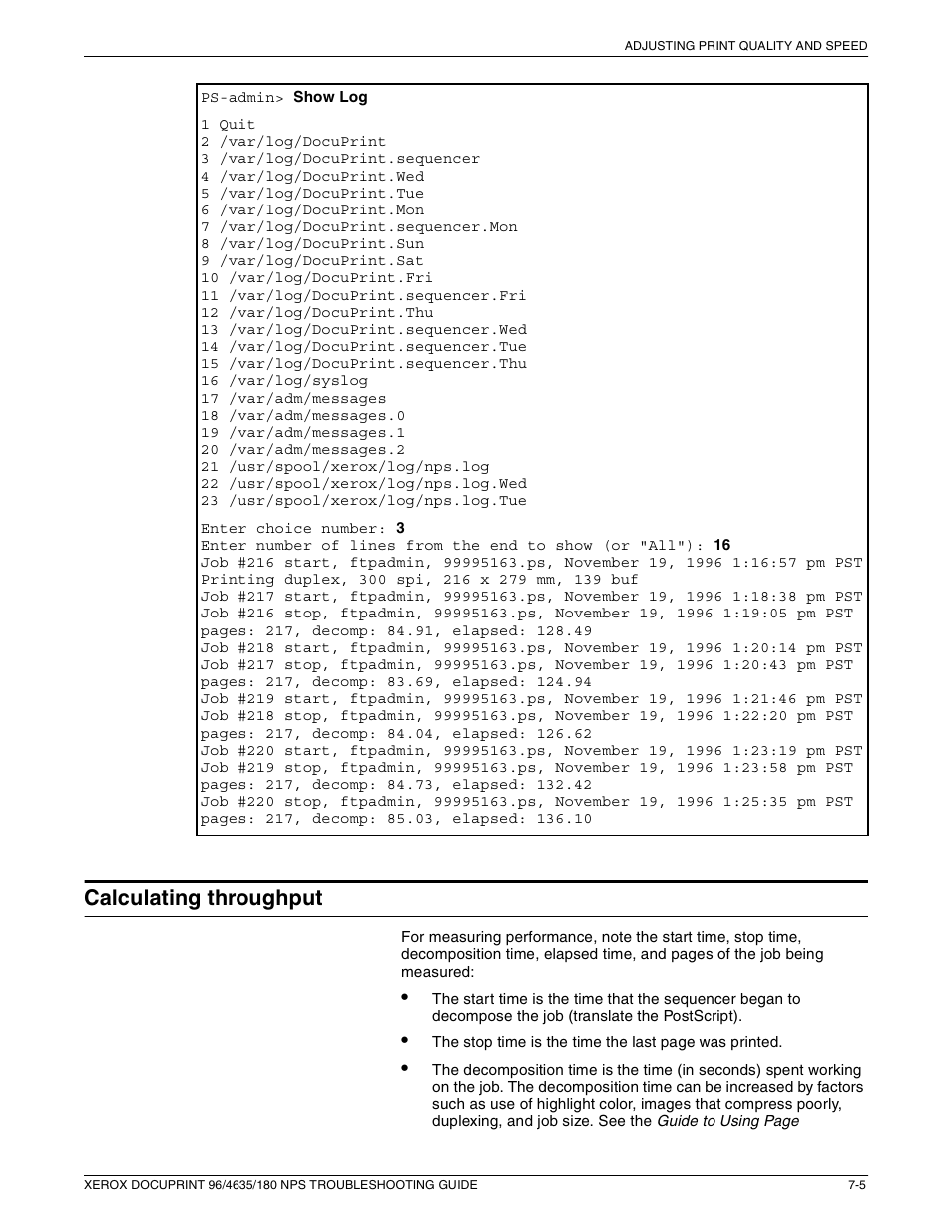 Calculating throughput | Xerox 180 NPS User Manual | Page 49 / 62