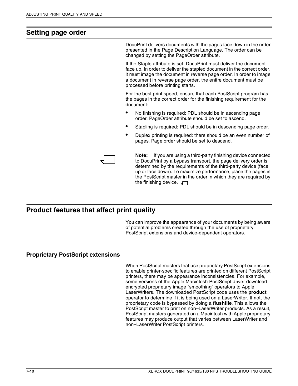 Setting page order, Product features that affect print quality | Xerox 180 NPS User Manual | Page 54 / 62