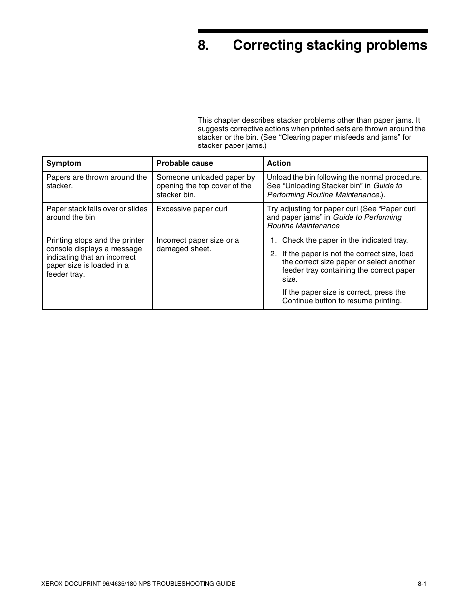 8correcting stacking problems | Xerox 180 NPS User Manual | Page 57 / 62