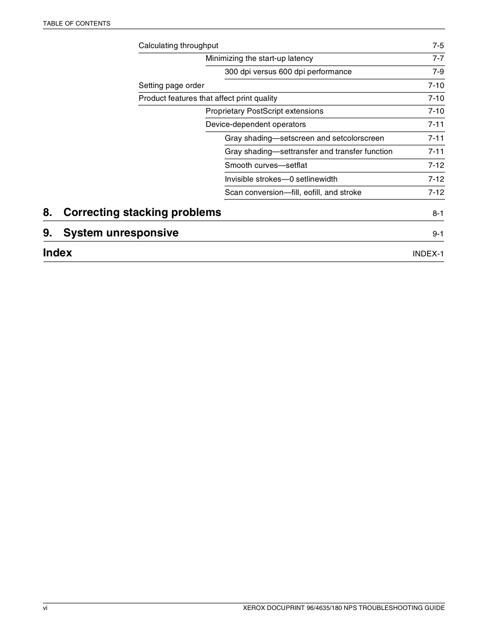 Correcting stacking problems, System unresponsive, Index | Xerox 180 NPS User Manual | Page 6 / 62
