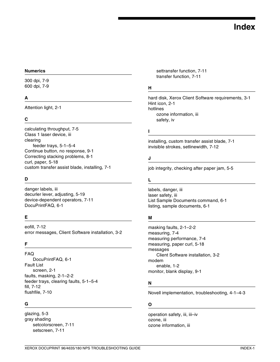 Index | Xerox 180 NPS User Manual | Page 61 / 62