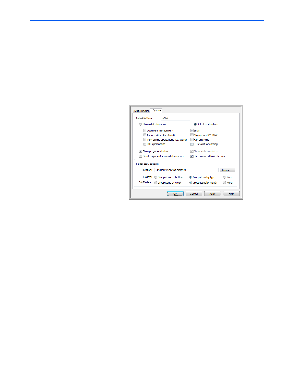 Selecting options for a button | Xerox DocuMate 162 User Manual | Page 44 / 98