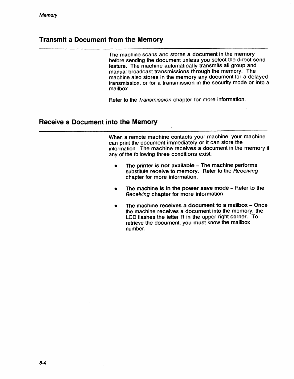 Transmit a document from the memory, Receive a document into the memory, Receive a document into the memory -4 | Print a document in the memory -5, Transmission, Receiving | Xerox 7042 User Manual | Page 100 / 182