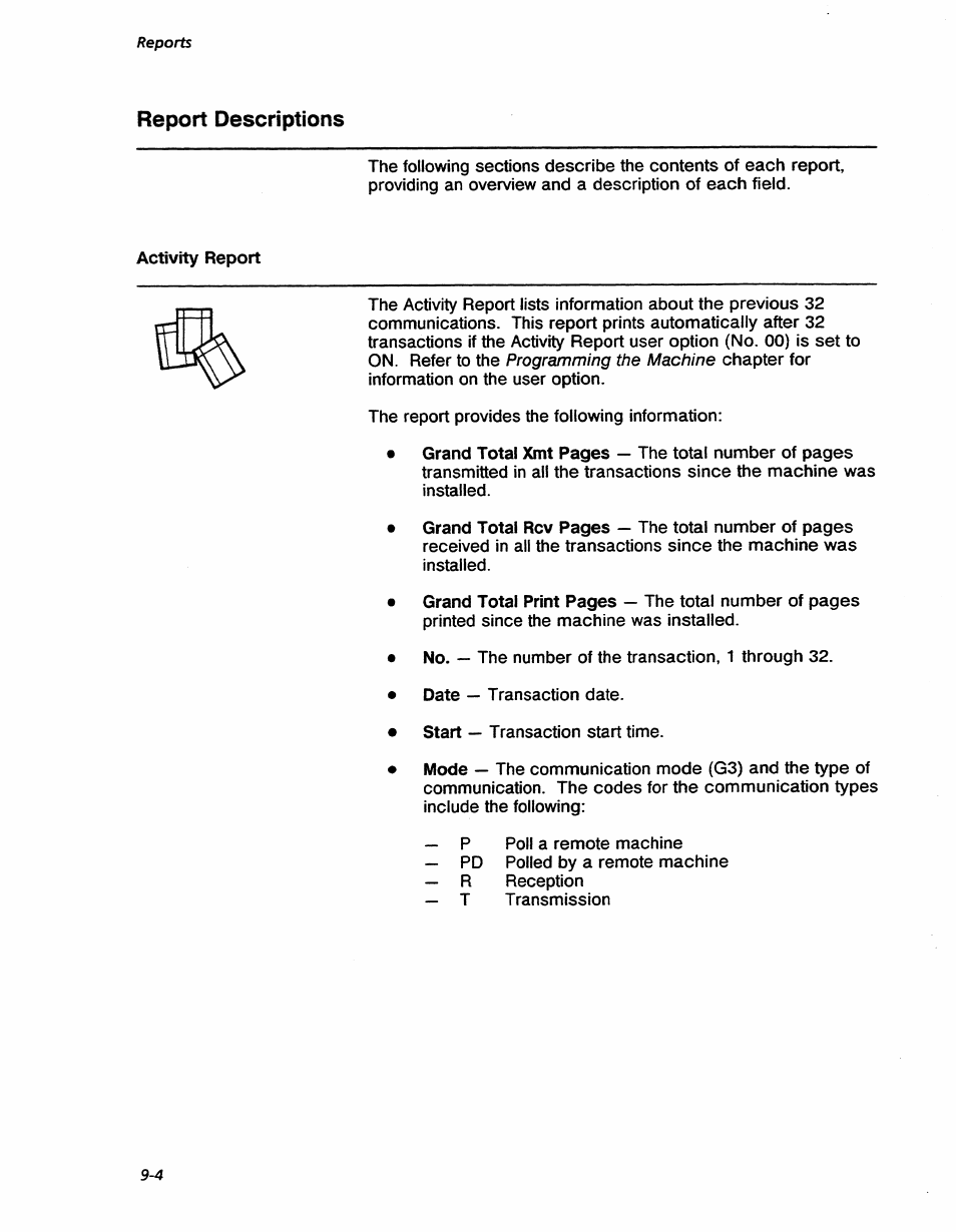 Report descriptions, Report descriptions -4, Programming the machine | Reports | Xerox 7042 User Manual | Page 110 / 182